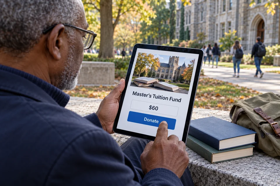 A supporter views a fictional postgraduate tuition donation campaign on a university campus.