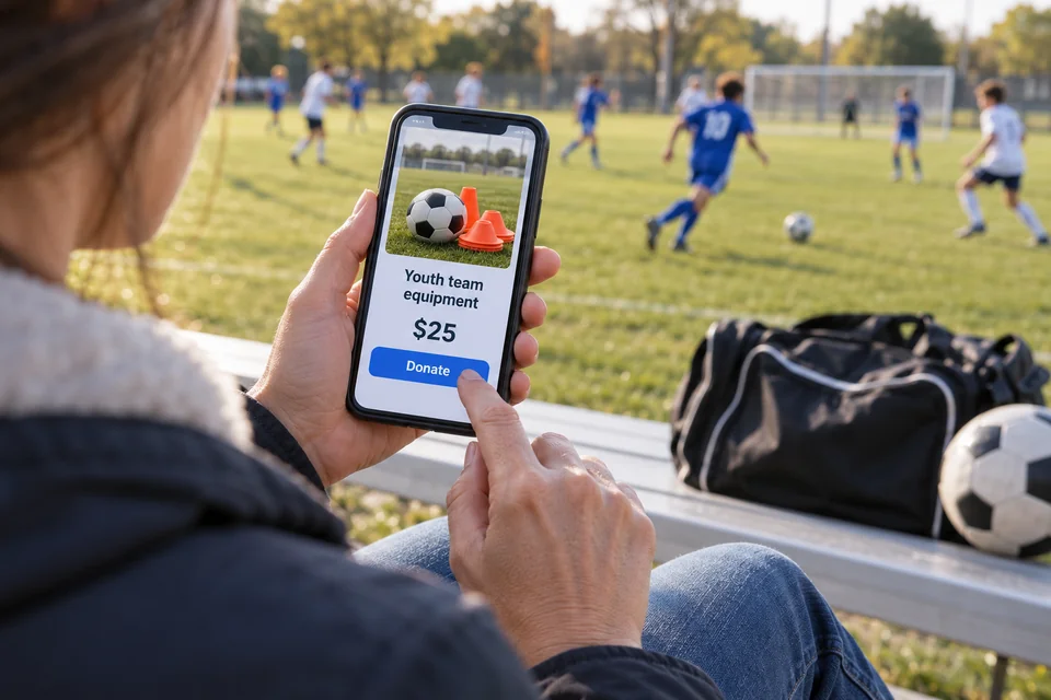 A supporter selects a fictional youth-team equipment donation beside an outdoor football pitch.