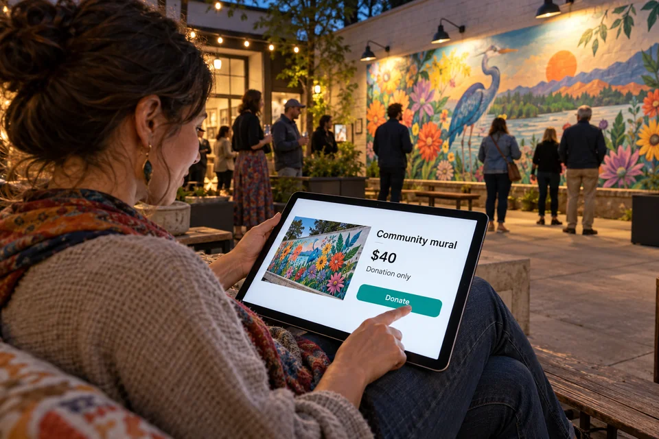 A tablet shows a fictional donation-only community mural campaign beside the finished artwork.
