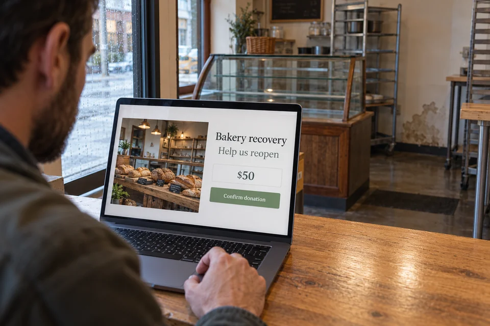 A phone shows a fictional bakery-recovery donation in a damaged, temporarily closed shop.