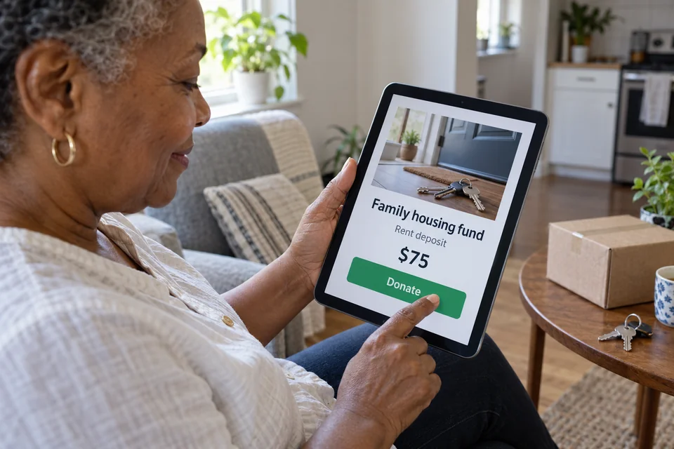 Un teléfono muestra una aportación ficticia para ayudar a una familia con su vivienda.