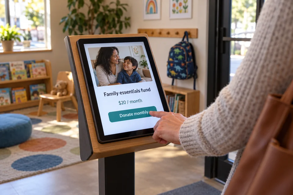 A donor chooses a monthly contribution to a fictional family essentials fund.