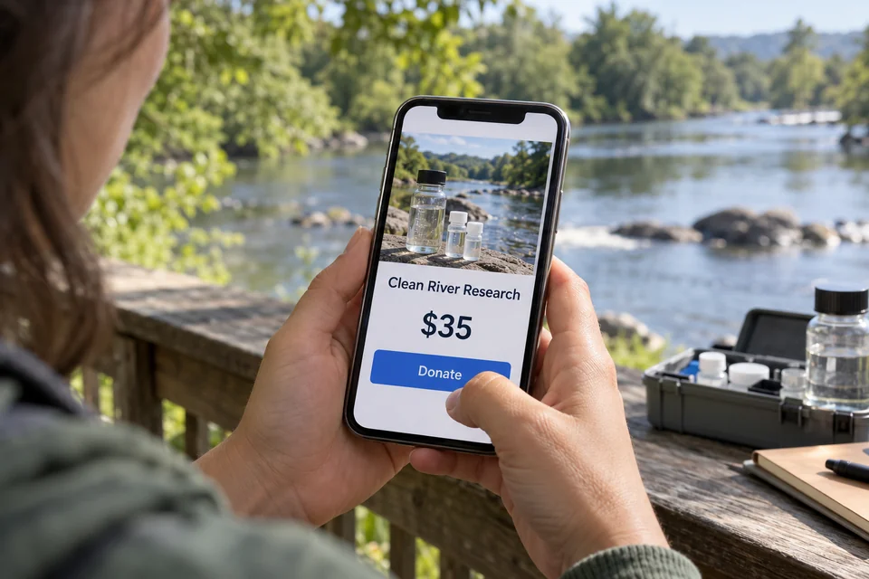 A phone shows a fictional clean-river research donation near a river and sampling equipment.