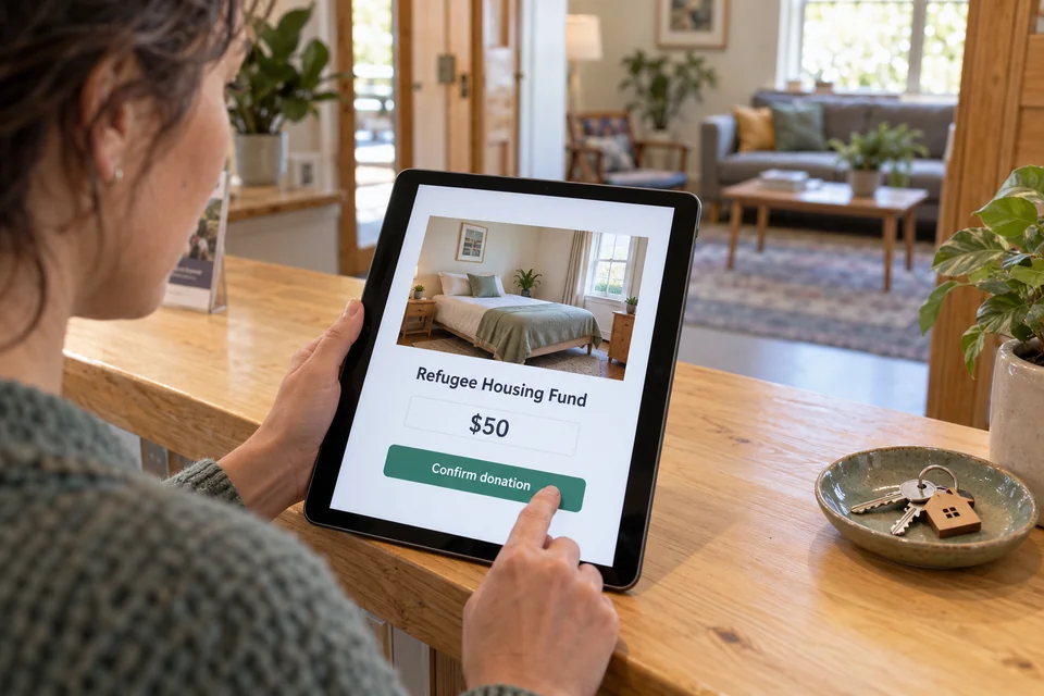 A phone shows a fictional refugee-housing donation in an accommodation setting.
