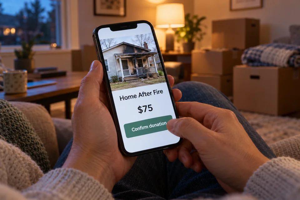 A phone displays a fictional home-after-fire donation campaign in a temporary living space.