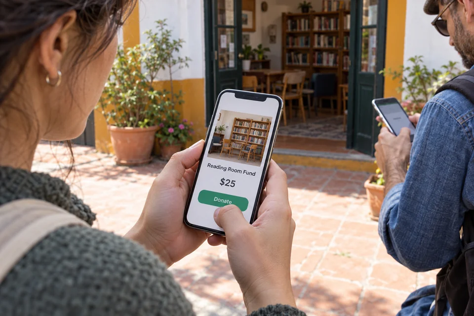 Two adults use their phones outside a reading room; the foreground phone displays a fictional Reading Room Fund, a $25 contribution and a Donate button.