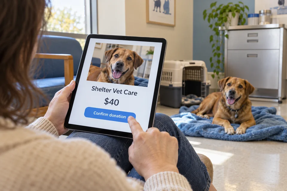 A fictional shelter veterinary-care donation is confirmed on a phone beside a calm dog.