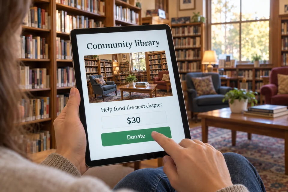 A person touches the Donate button on a tablet for a community library campaign, with the library reading room behind.