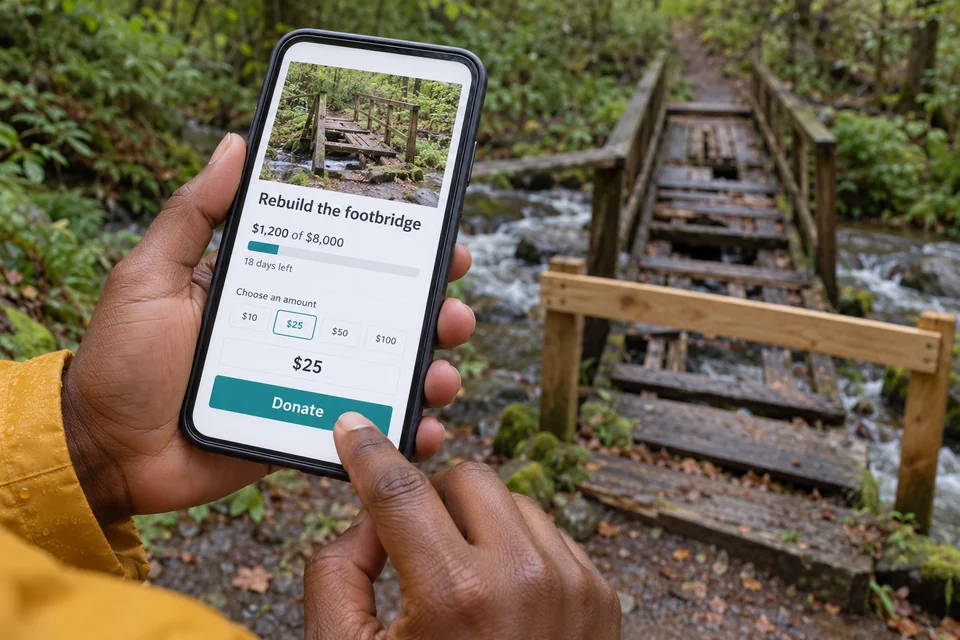 Ein Telefon zeigt eine Geldsammlung für eine beschädigte Fussgängerbrücke im Hintergrund.