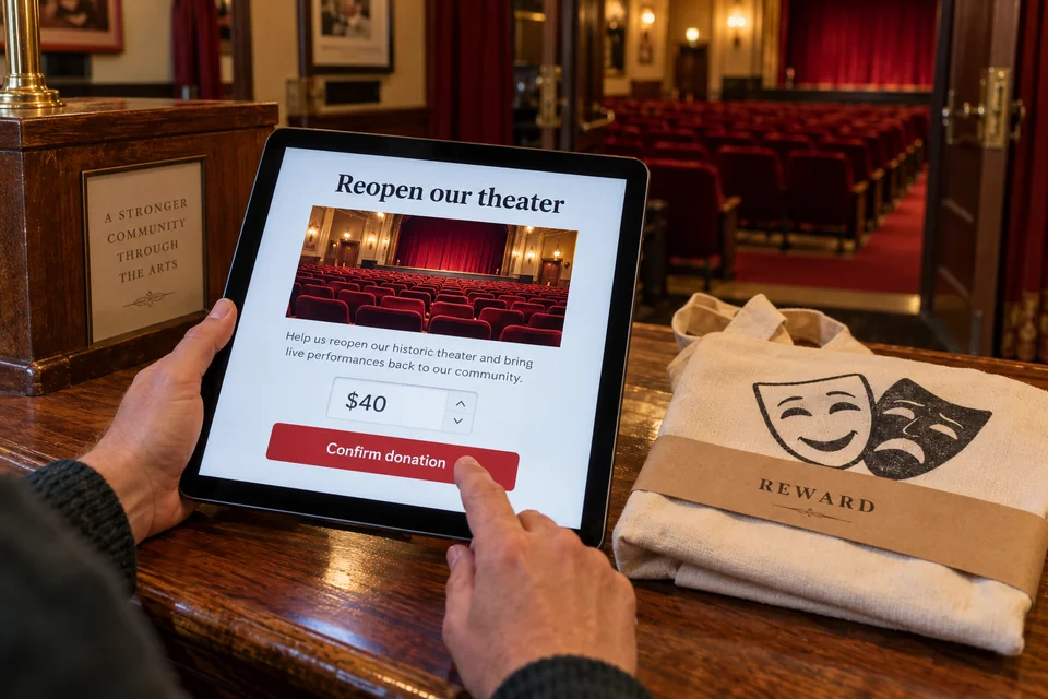 Donación ilustrativa en una pantalla junto a una bolsa que representa una recompensa.