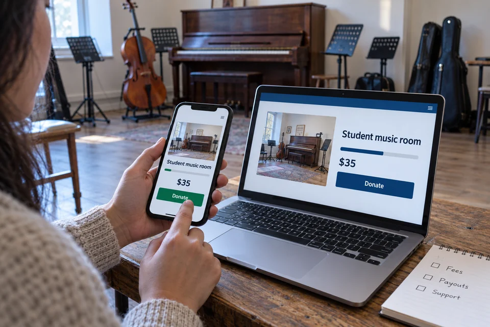 A person compares two unbranded donation pages for a student music room on a laptop and phone, with musical instruments behind.