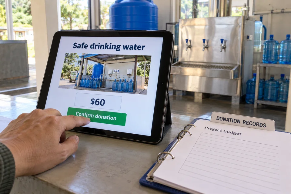 A donor confirms a $60 gift to a safe-drinking-water campaign beside a donation records binder and project budget at a water refill center.