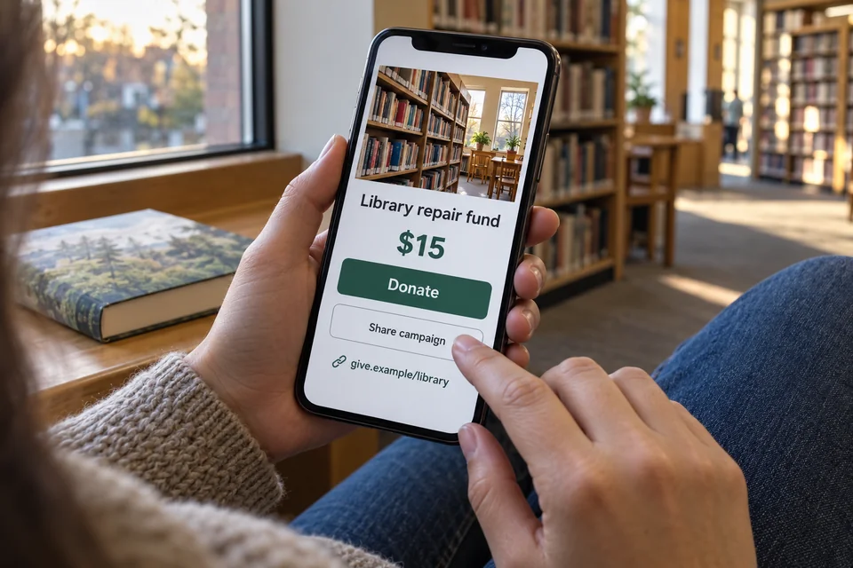 A reader taps Share campaign on a phone displaying a $15 library repair donation, a Donate button and the fictional link give.example/library.